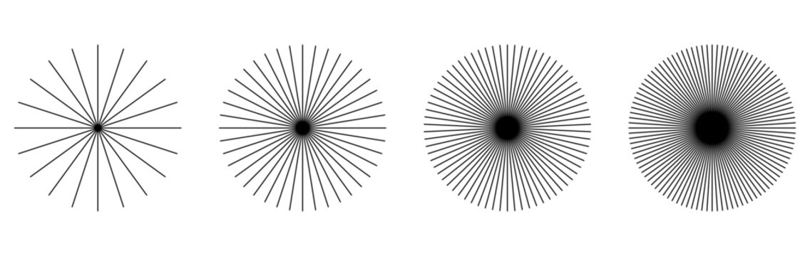 Black Radial Sunburst Elements &ndash; Thin Straight Circle Lines, Sun Rays, Speed Lines, Ray Beams, Circular Spokes, Abstract Illusion Pattern