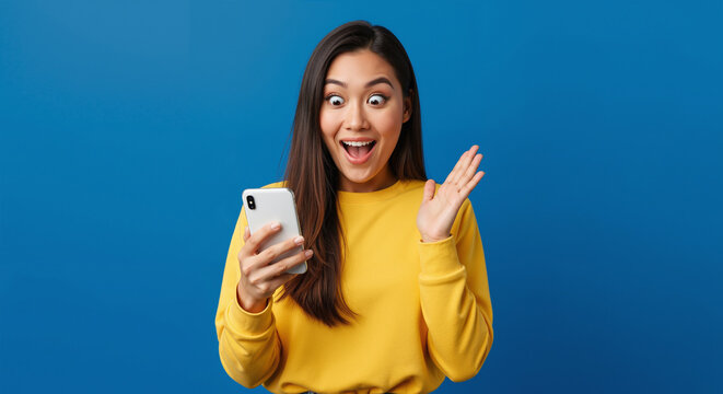 Surprised woman with a smartphone celebrates good news. Excited Asian girl reacts to an amazing online offer or win against a blue background.