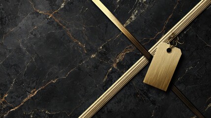 luxury black marble background with golden ribbon crossing diagonally and small tag, premium cyber monday sale design