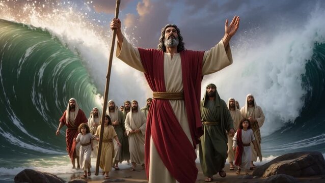 Moses Parts the Red Sea: Epic Biblical Miracle and Divine Power | Dramatic Back View of Moses with Raised Hands and Staff