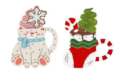 Flat color illustrations with a pair of holiday mugs with polar bear and a sock for gifts. cup with hot drink, cream, marshmallow, cookies. Cute hot cocoa cups for winter holidays for seasonal decor