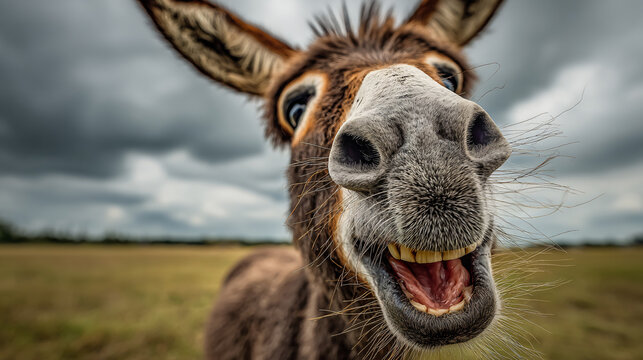 a brown mule laughing exaggeratedly with its mouth wide open - green countryside field.