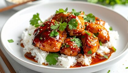 Glazed chicken over white rice with sesame and cilantro&mdash;evoking warmth, flavor, and the choreography of nourishment, texture, and the quiet ritual of shared culinary memory.