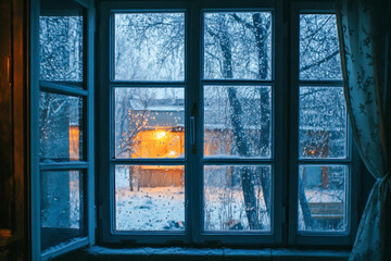 Raindrops cling to window panes as warm light glows from nearby buildings, creating a cozy winter atmosphere outside