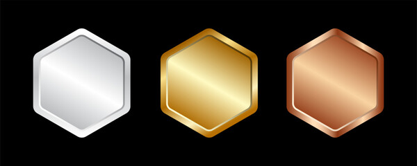 Gold, silver and bronze metal circle frames 3d vector realistic illustration. First, second and third place medals or buttons isolated on white background. Certified. Quality blank, empty badge set.