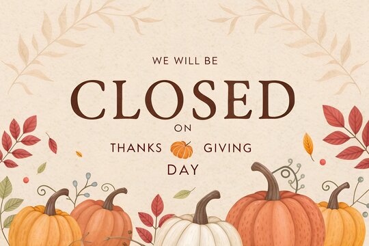 Closed on Thanksgiving Day Sign with Watercolor Pumpkins and Autumn Leaves