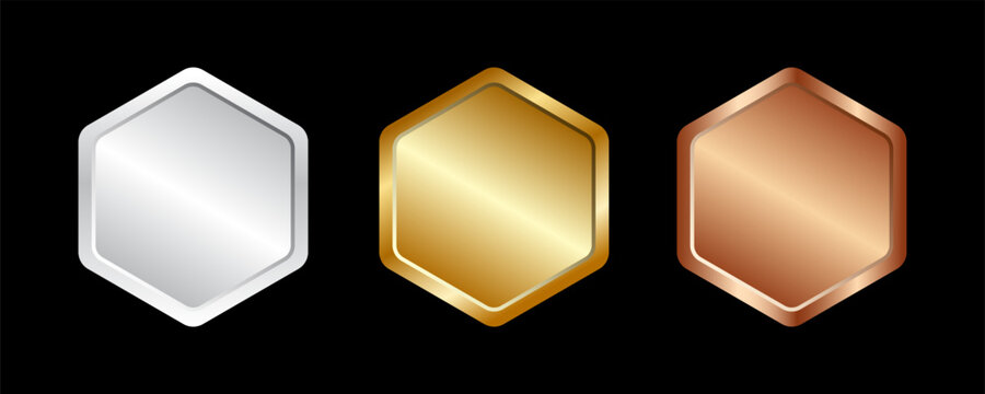 Gold, silver and bronze metal circle frames 3d vector realistic illustration. First, second and third place medals or buttons isolated on white background. Certified. Quality blank, empty badge set.