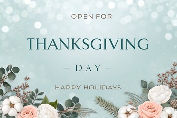Elegant Thanksgiving Open Sign with White Flowers and Muted Green Foliage