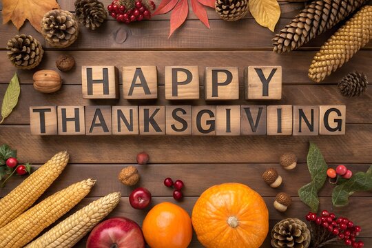 Happy Thanksgiving Letter Blocks Surrounded by Corn, Pumpkins, and Autumn Decor - Powered by Adobe