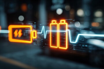 Neon Battery Icon With Heartbeat Line Over Blur of Night City, Futuristic Tech UI Visualization for Energy, Health, and Digital Monitoring