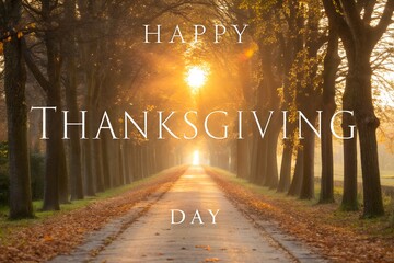 Happy Thanksgiving Day Greeting Card with Sunset Autumn Road and Trees
