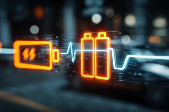 Neon Battery Icon With Heartbeat Line Over Blur of Night City, Futuristic Tech UI Visualization for Energy, Health, and Digital Monitoring