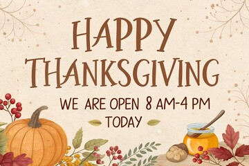 Fototapeta premium Happy Thanksgiving Open 8 AM to 4 PM Watercolor Pumpkin and Berries Sign