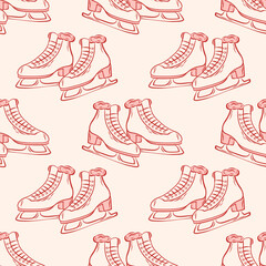 Seamless pattern with skates in coquette style. Ice skates for figure skating. Sports equipment. For cards, greetings and packaging, textiles or covers.