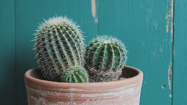 Three Barrel Cactus Plants in a Terracotta Pot Close Up - Powered by Adobe