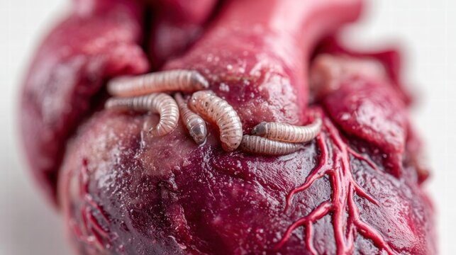 Close-up of a diseased heart infested with parasitic worms.