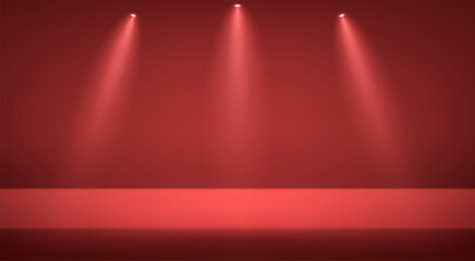 Empty Dark Red studio background. Empty room with light effect. Empty Room Studio with table. Space for selling products, backdrop, wallpaper, background, text. Gradient table. Vector illustration.