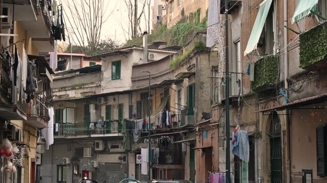 Naples, Italy, December 30, 2024. View of Via delle Fontanelle, the picturesque atmosphere of the Sanità district. Zoom in.