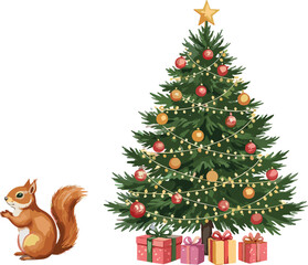 PrintCute squirrel near decorated Christmas tree with ornaments, holiday gifts, festive lights, winter celebration scene, adorable wildlife, seasonal decoration illustration