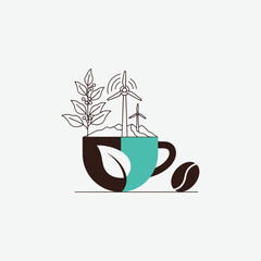 Minimalist Coffee Cup Illustration – Flat Design with Steam and Leaf Elements Vector Art