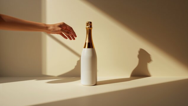 White champagne bottle with golden foil, hand reaching gracefully