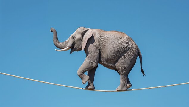 Elephant carefully balancing on a tightrope against blue skies