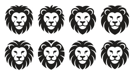 Collection of diverse stylized black and white lion head logos, iconic animal symbols representing strength, courage, and leadership in branding projects.