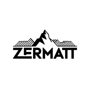 Scenic outline of the Zermatt region featuring mountains, trees, and a winding river in a badge design