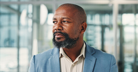 Business, management and thinking with black man in office for decision, planning or vision....