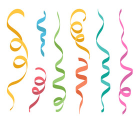 Colorful party streamers, festive curling ribbons for celebration or party. Birthday or  holiday design elements.