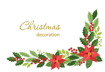 Winter flower arrangement. Winter decorative corner with poinsettia, holly and red berry.