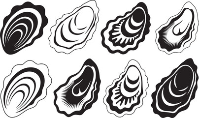 Oyster Shell Vector Silhouette Set. Black and White Sea Shellfish Illustration.