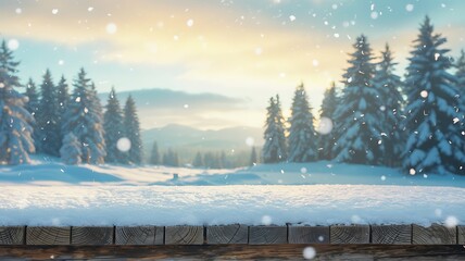 Winter wonderland with fresh snow falling on pine trees landscape