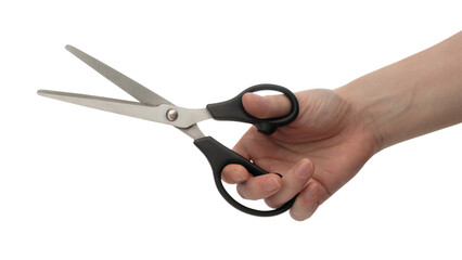 scissors being held in a hand . Isolated on transparent background, png
