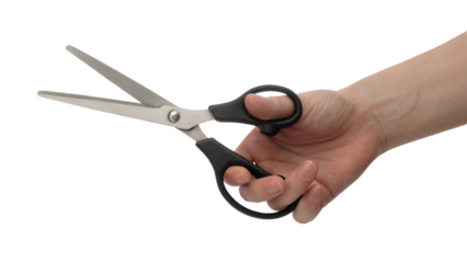 scissors being held in a hand . Isolated on transparent background, png