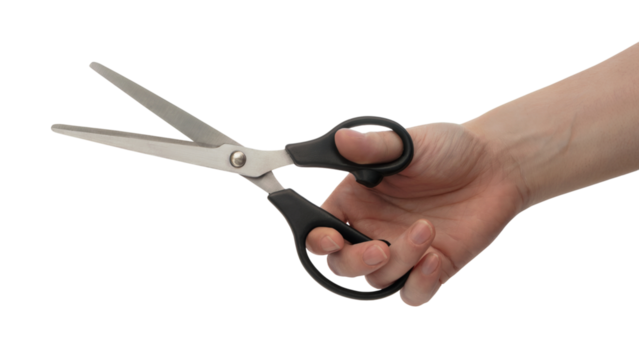 scissors being held in a hand . Isolated on transparent background, png