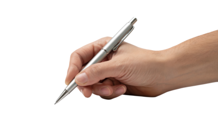 hand holding a silver pen for writing . Isolated on transparent background, png