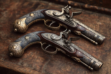 Vintage flintlock pistols showcase exquisite craftsmanship in retro duel setting