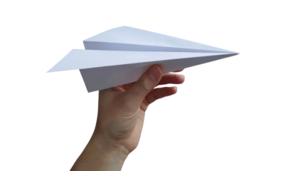 paper airplane held in hand, ready for flight  . Isolated on transparent background, png