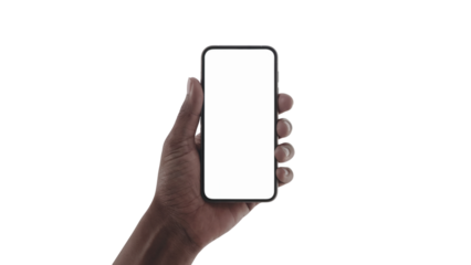 hand holding a smartphone with a blank screen . Isolated on transparent background, png
