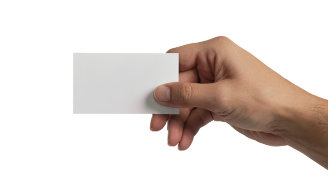 hand holding blank business card mockup . Isolated on transparent background, png