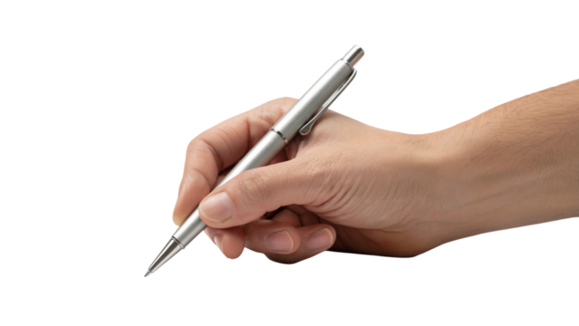 hand holding a silver pen for writing . Isolated on transparent background, png