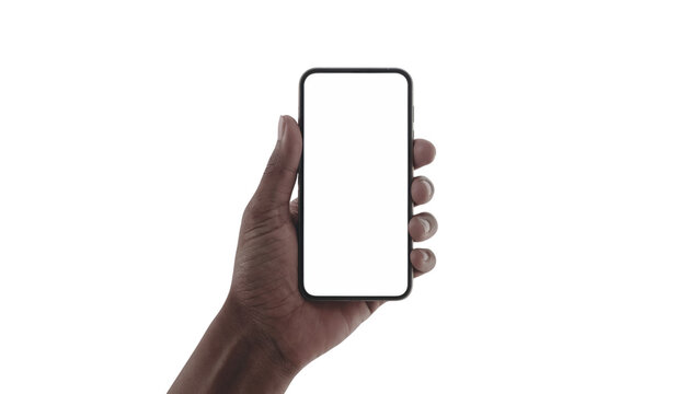 hand holding a smartphone with a blank screen . Isolated on transparent background, png - Powered by Adobe