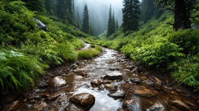 An enchanting view of a serene stream winding through a lush, misty forest, evoking feelings of tranquility and connection with nature's beauty and freshness in wilderness.