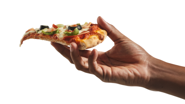 slice of delicious pizza held by a hand . Isolated on transparent background, png