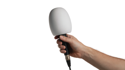 man hand holding a microphone with a foam windscreen  . Isolated on transparent background, png
