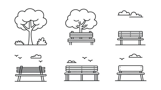 Minimalist outline vector illustration set featuring various park elements like benches, trees, and clouds, perfect for graphic design projects.