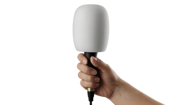 hand holding a sleek microphone . Isolated on transparent background, png