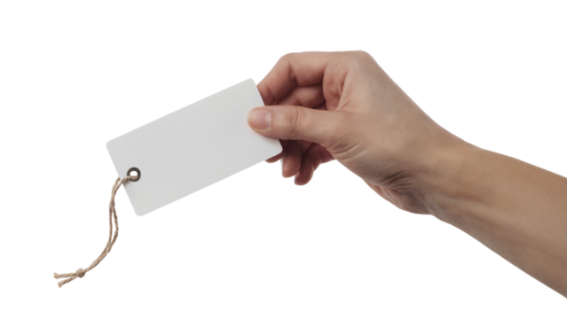 hand holding a blank price tag, ready for your custom message . Isolated on transparent background, png