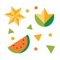 Abstract Geometric Fruit Shapes and Confetti on White Keywords: abstract, geometric, fruit